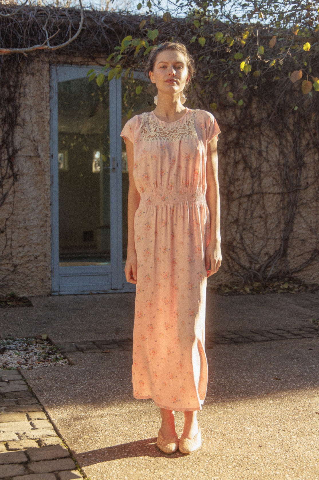 VINTAGE 1930's Tatted Lace Floral Maxi Nightgown Dress M/L