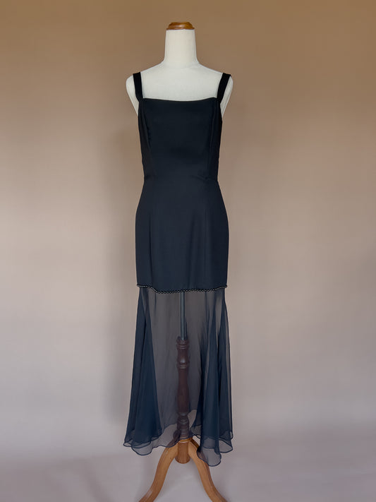 VINTAGE Black Bodycon Dress With Sheer Mermain Skirt S