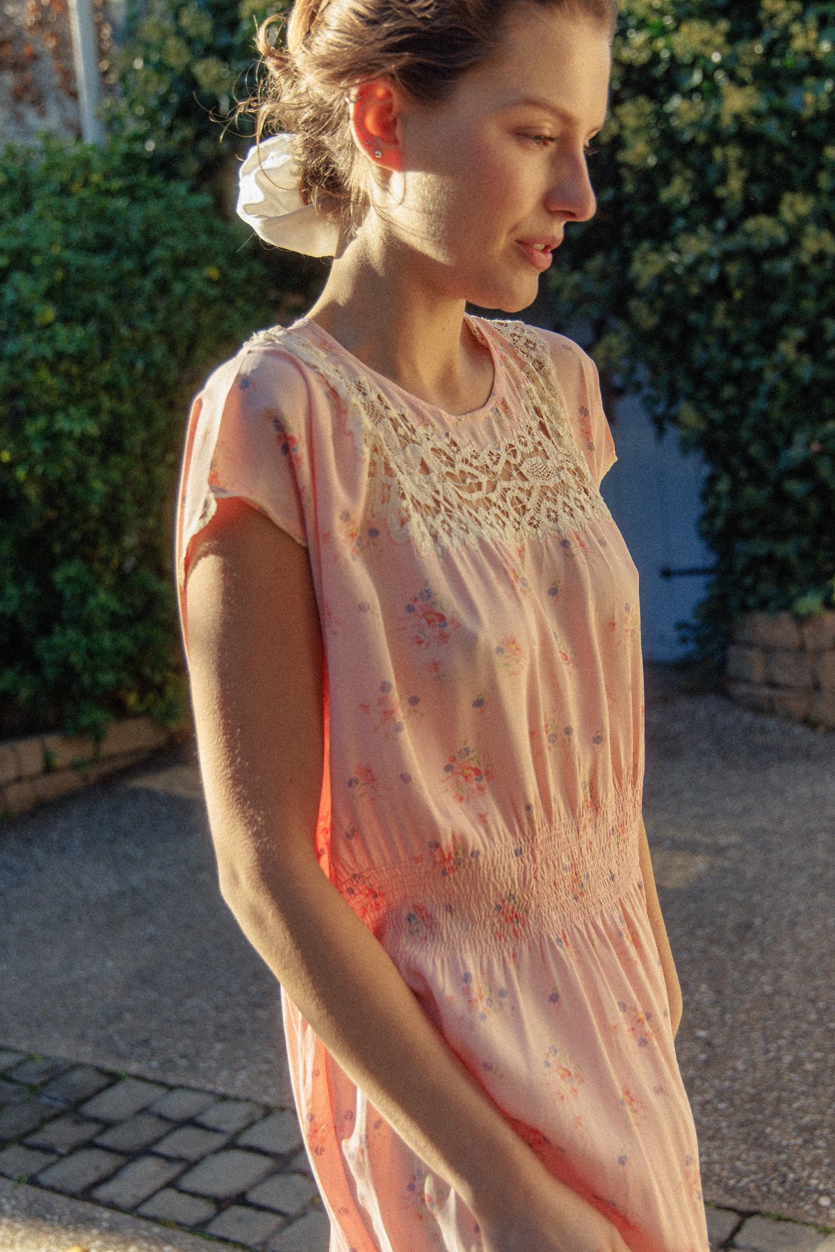 VINTAGE 1930's Tatted Lace Floral Maxi Nightgown Dress M/L