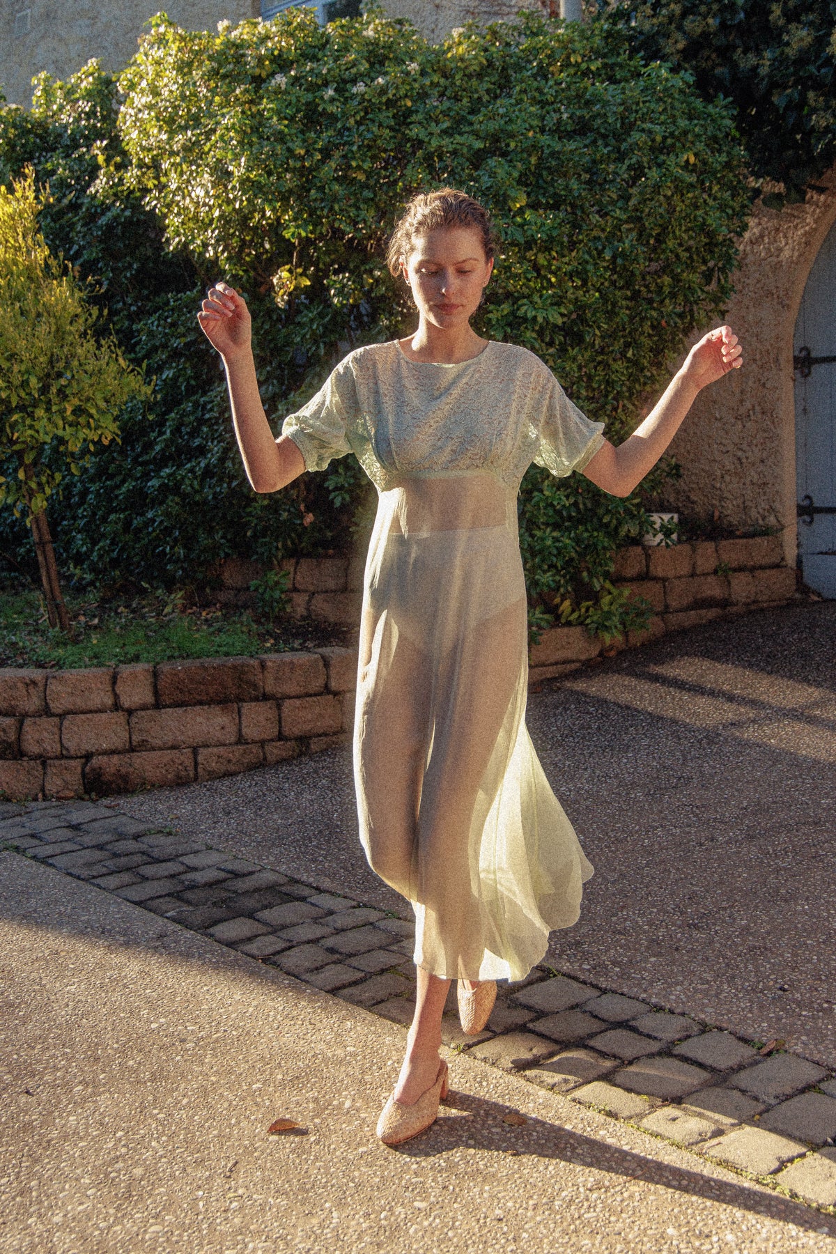 VINTAGE 1930's Silk Chiffon Mint Green Nightgown Midi Dress S