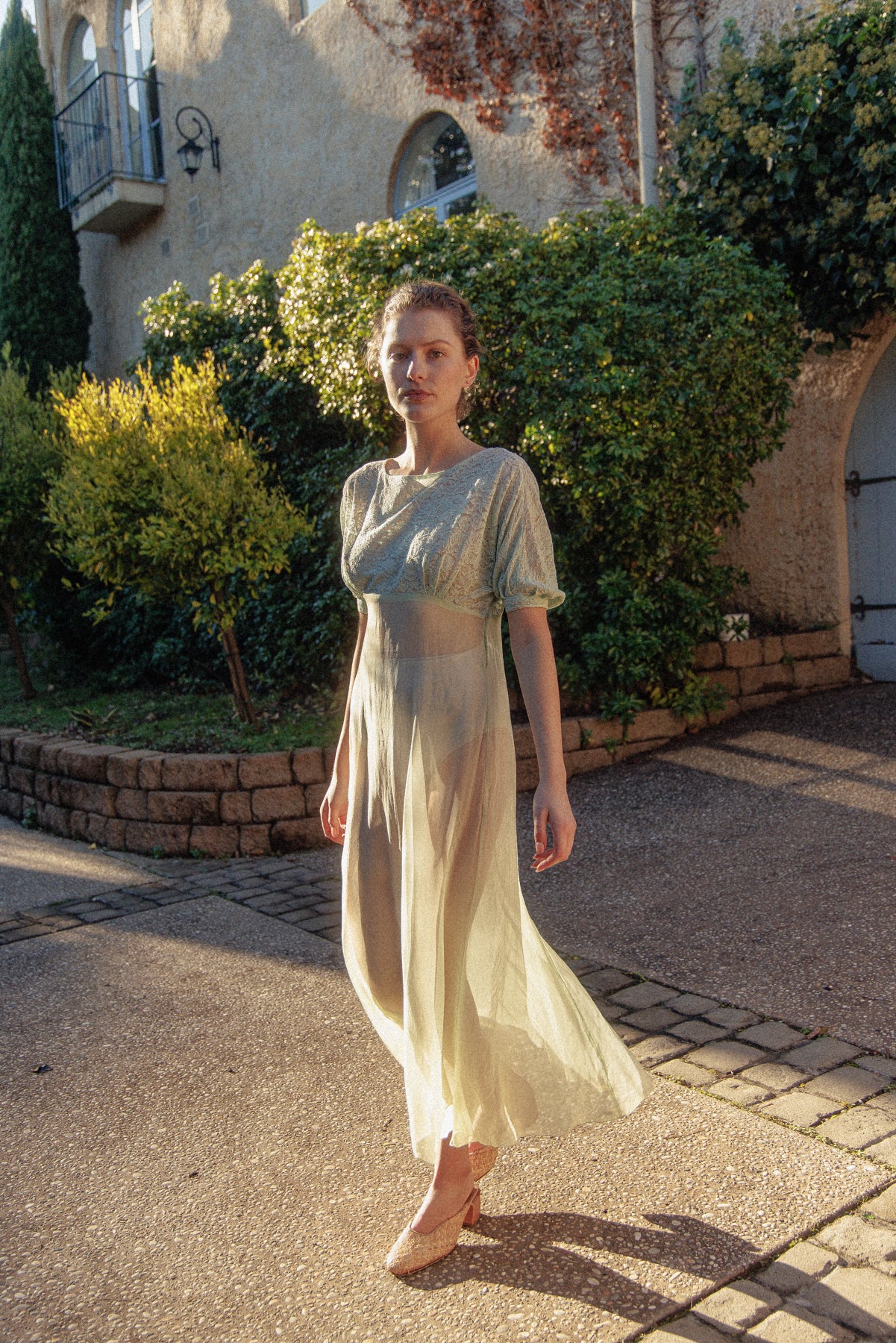 VINTAGE 1930's Silk Chiffon Mint Green Nightgown Midi Dress S