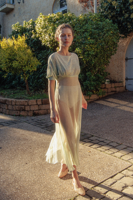 VINTAGE 1930's Silk Chiffon Mint Green Nightgown Midi Dress S