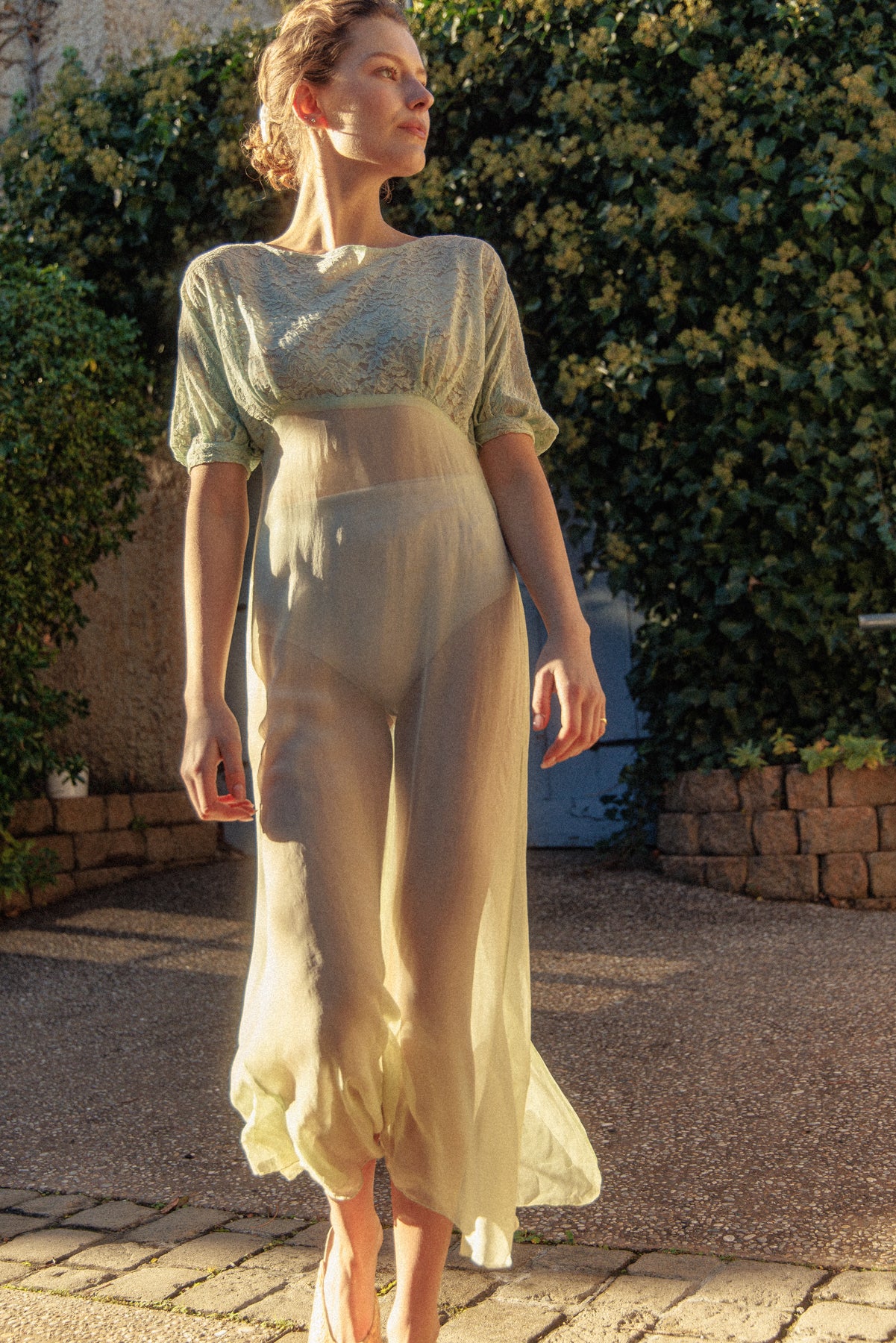 VINTAGE 1930's Silk Chiffon Mint Green Nightgown Midi Dress S