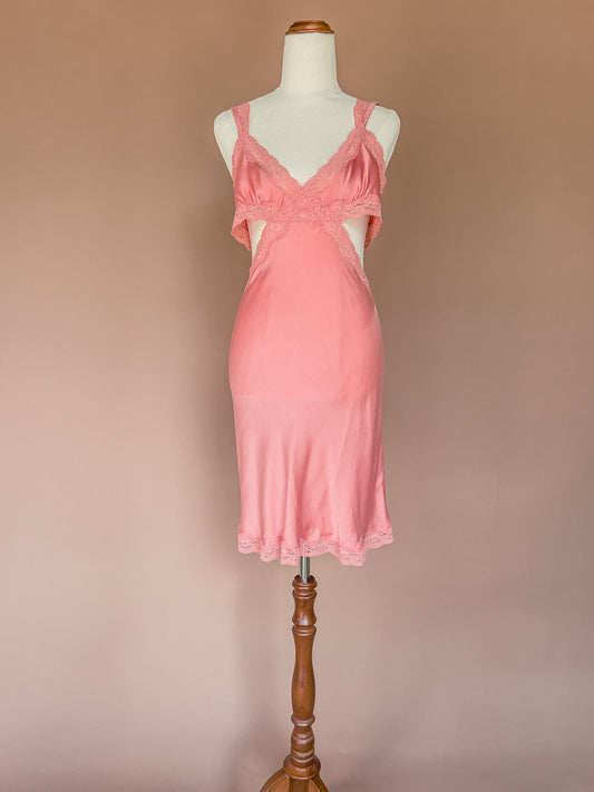 STELLA MCCARTNEY Pink Lace Trimmed Silk Cut Out Mini Slip Dress / Chemise M