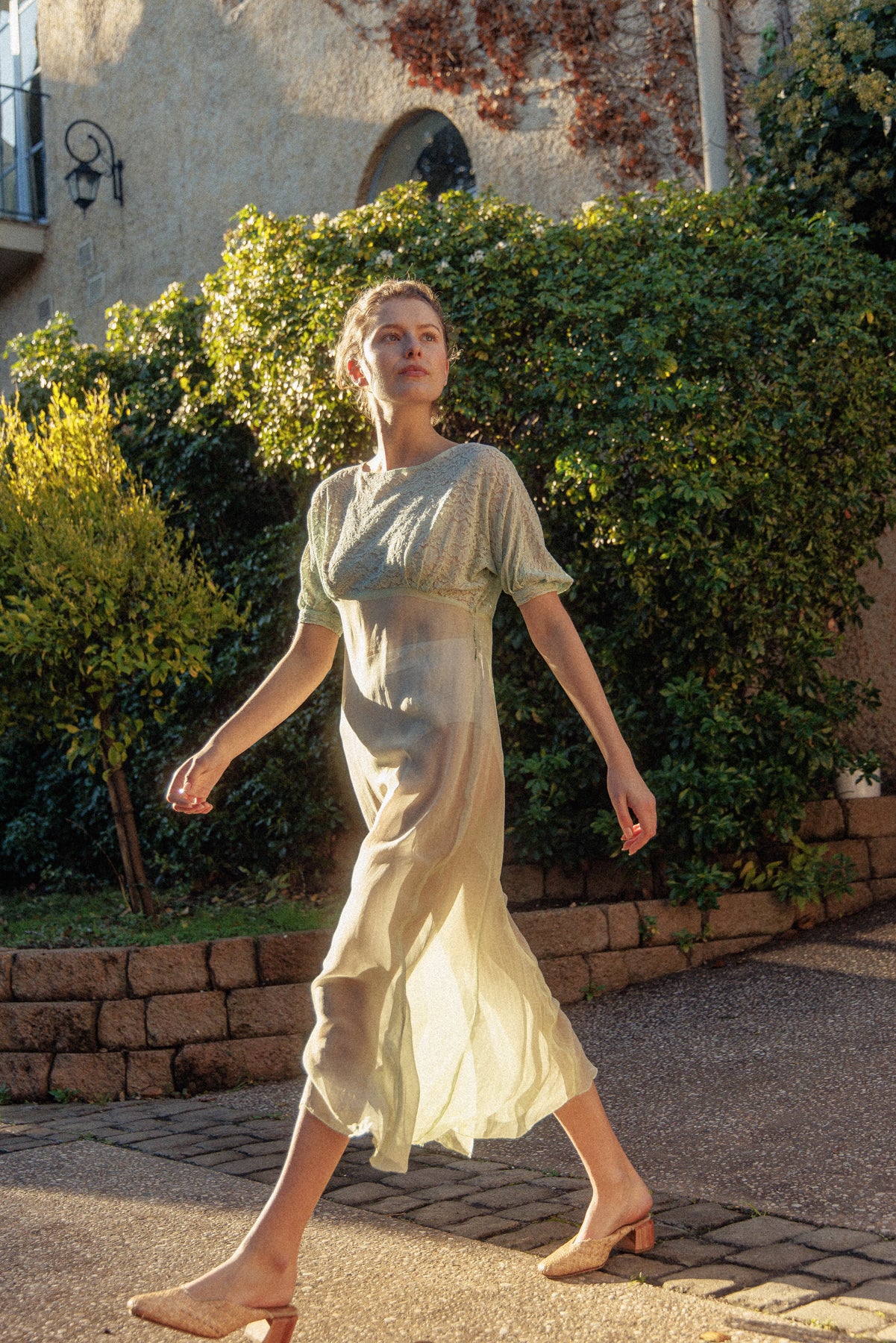 VINTAGE 1930's Silk Chiffon Mint Green Nightgown Midi Dress S