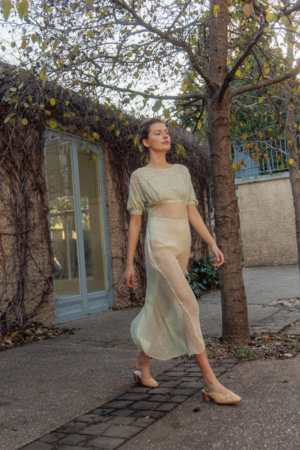 VINTAGE 1930's Silk Chiffon Mint Green Nightgown Midi Dress S