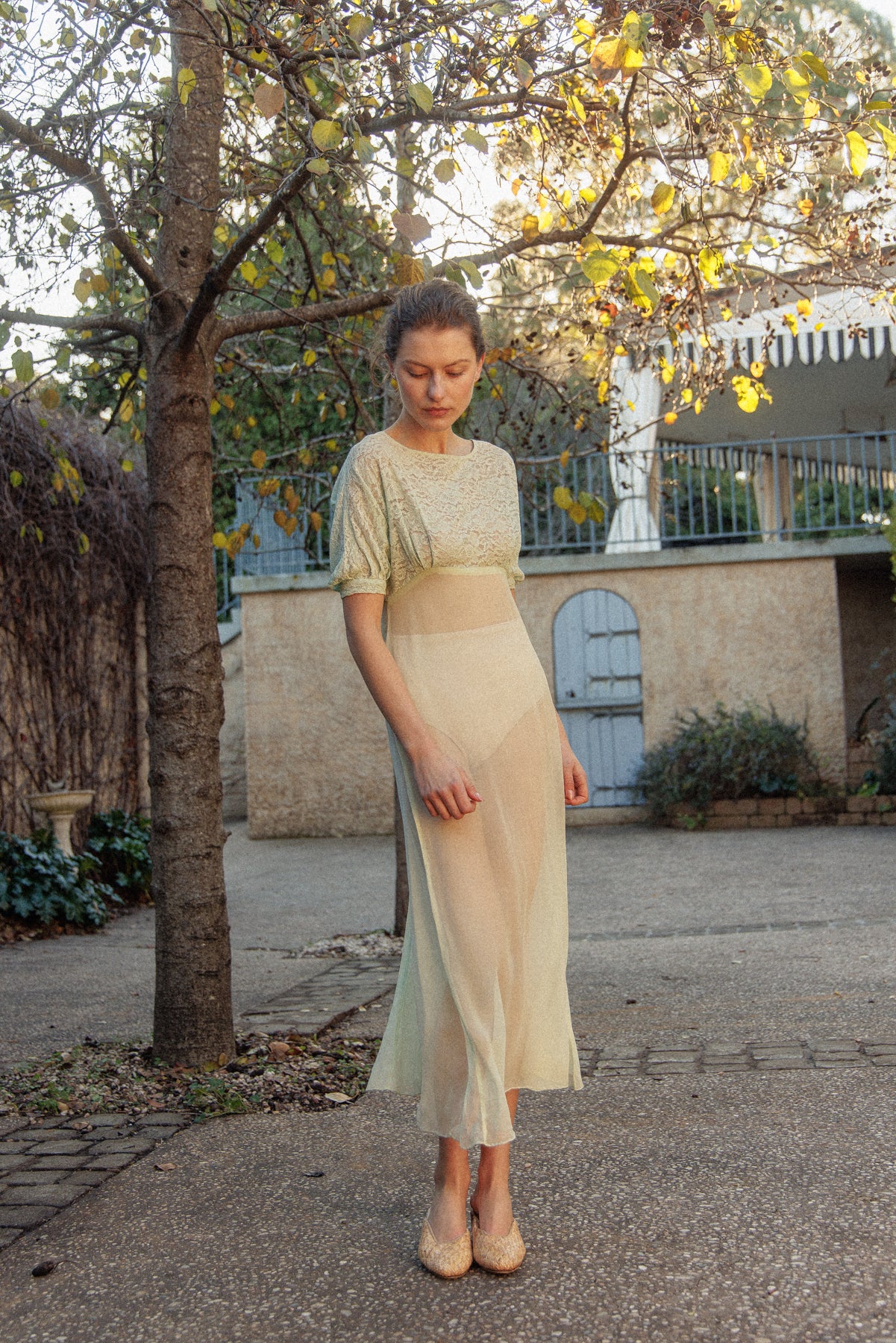 VINTAGE 1930's Silk Chiffon Mint Green Nightgown Midi Dress S