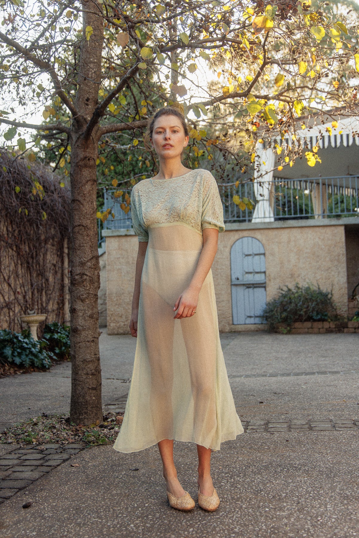 VINTAGE 1930's Silk Chiffon Mint Green Nightgown Midi Dress S