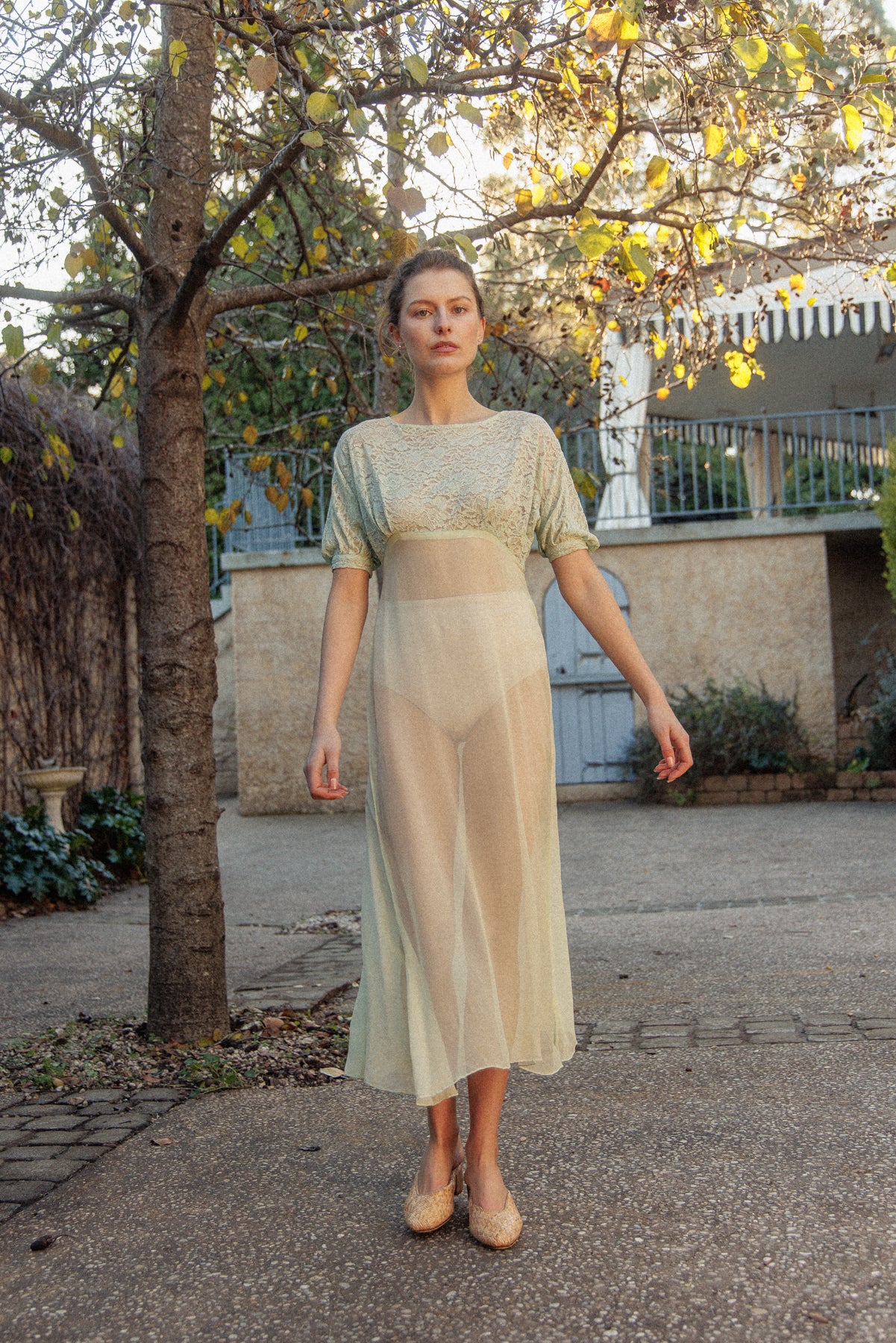 VINTAGE 1930's Silk Chiffon Mint Green Nightgown Midi Dress S