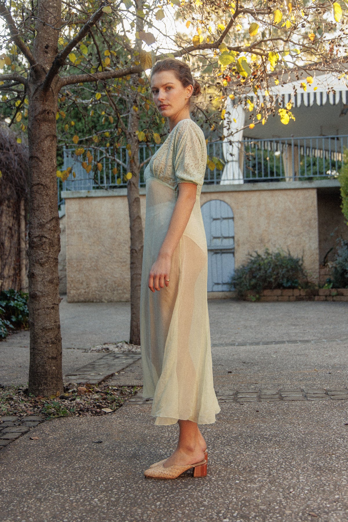 VINTAGE 1930's Silk Chiffon Mint Green Nightgown Midi Dress S