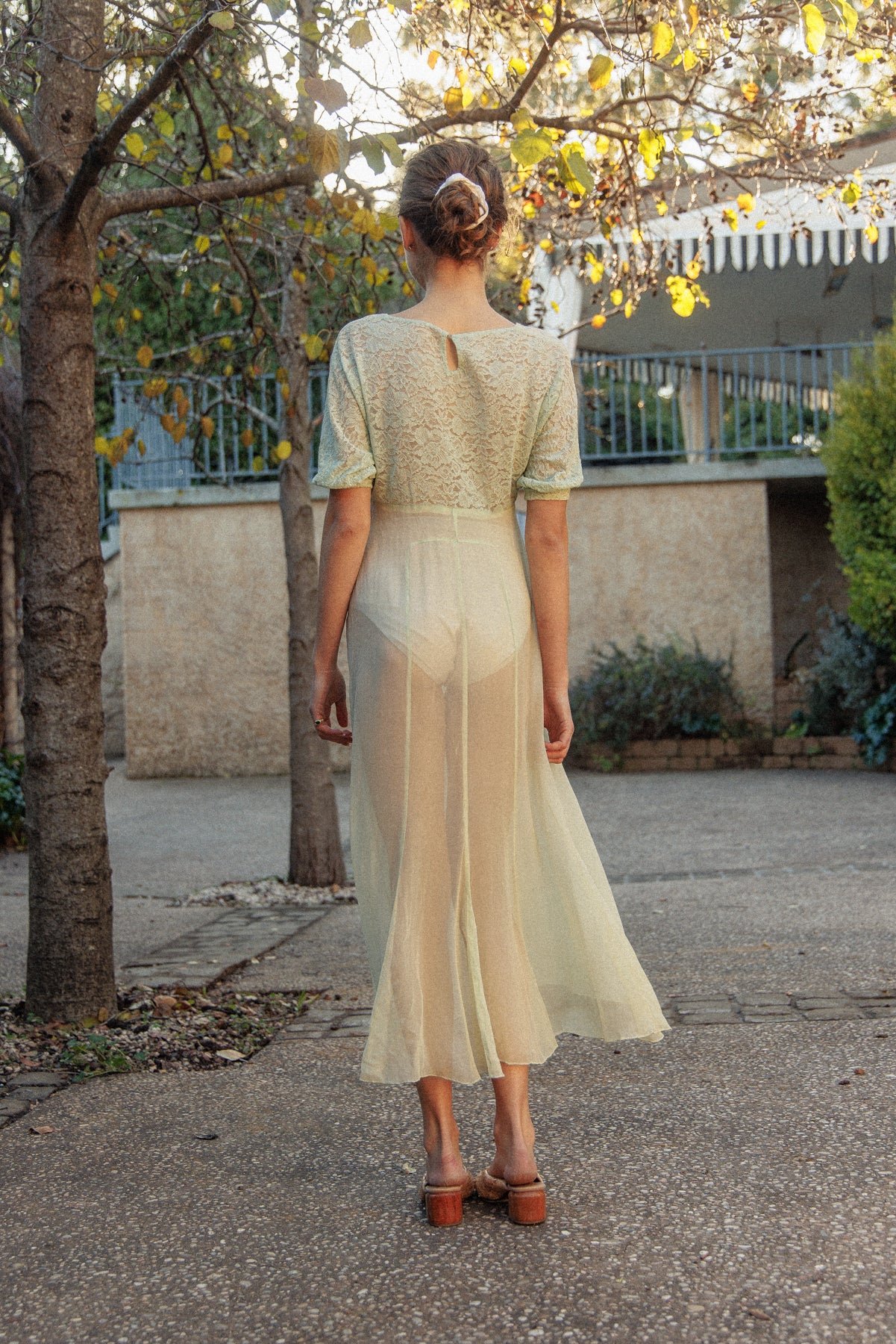 VINTAGE 1930's Silk Chiffon Mint Green Nightgown Midi Dress S