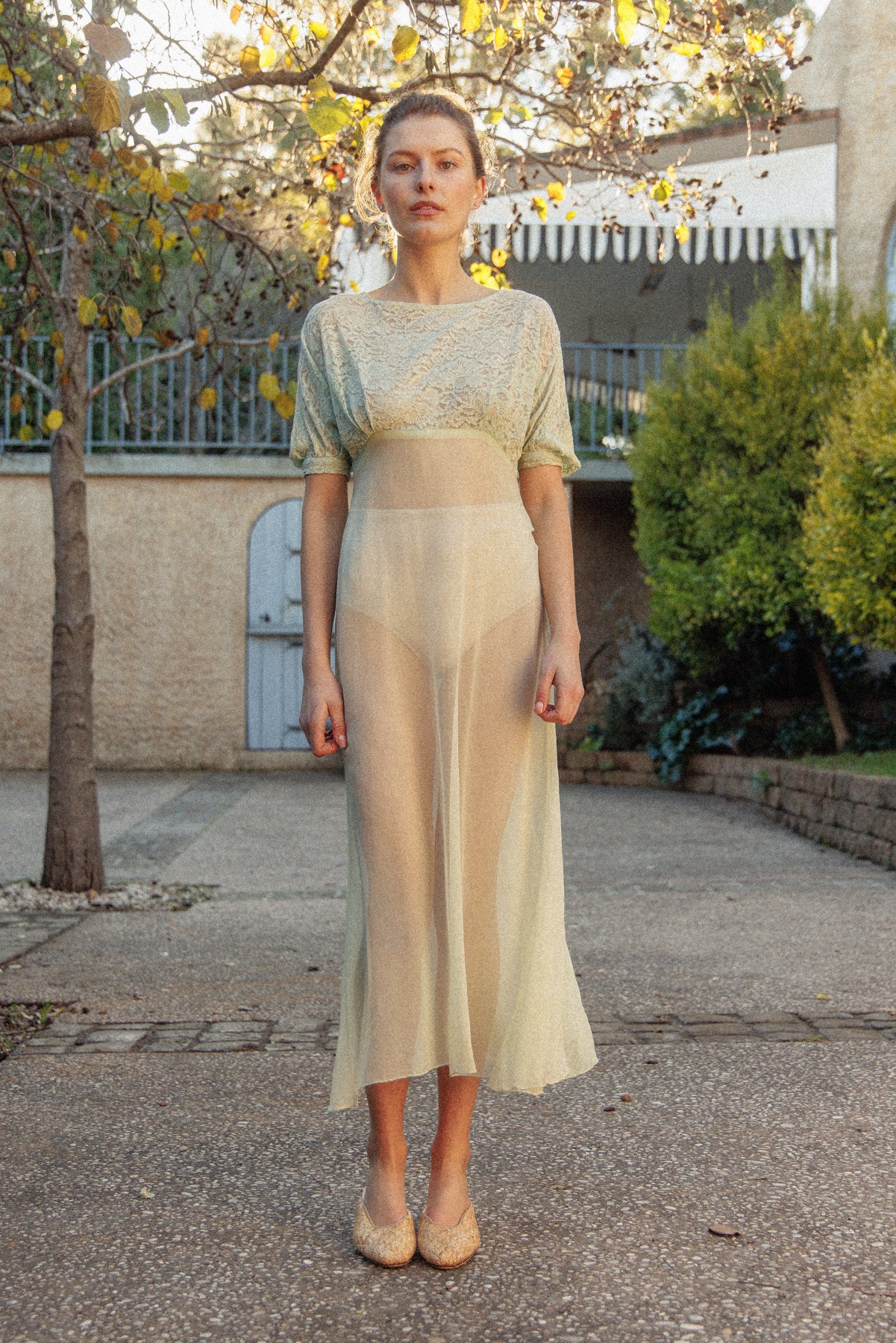 VINTAGE 1930's Silk Chiffon Mint Green Nightgown Midi Dress S