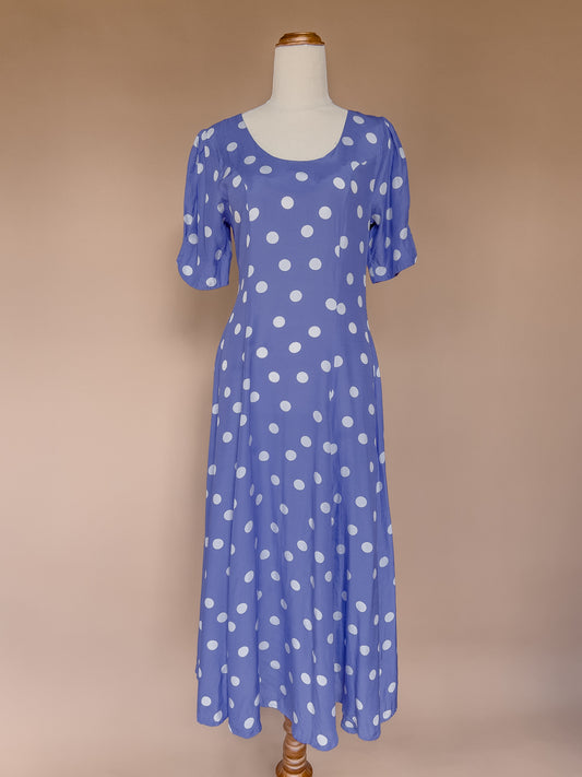 VINTAGE Laura Ashley Purple Polka Dot Midi Flare Dress S