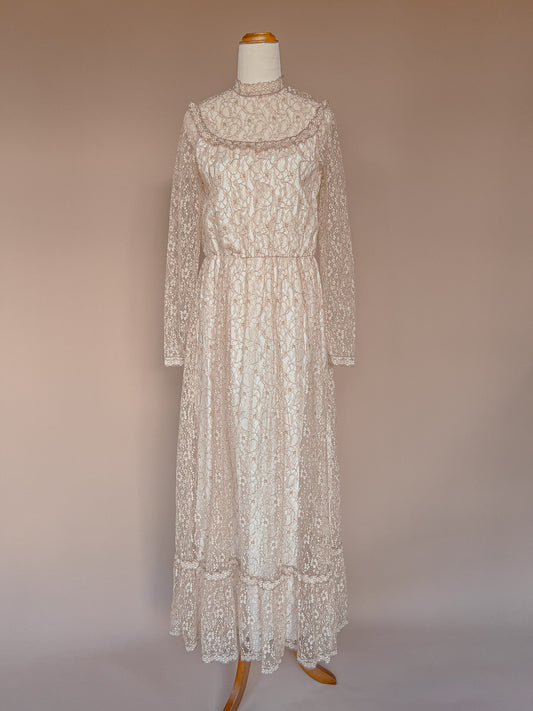 VINTAGE 1960's Lace High Neck Maxi Gown Dress S/M