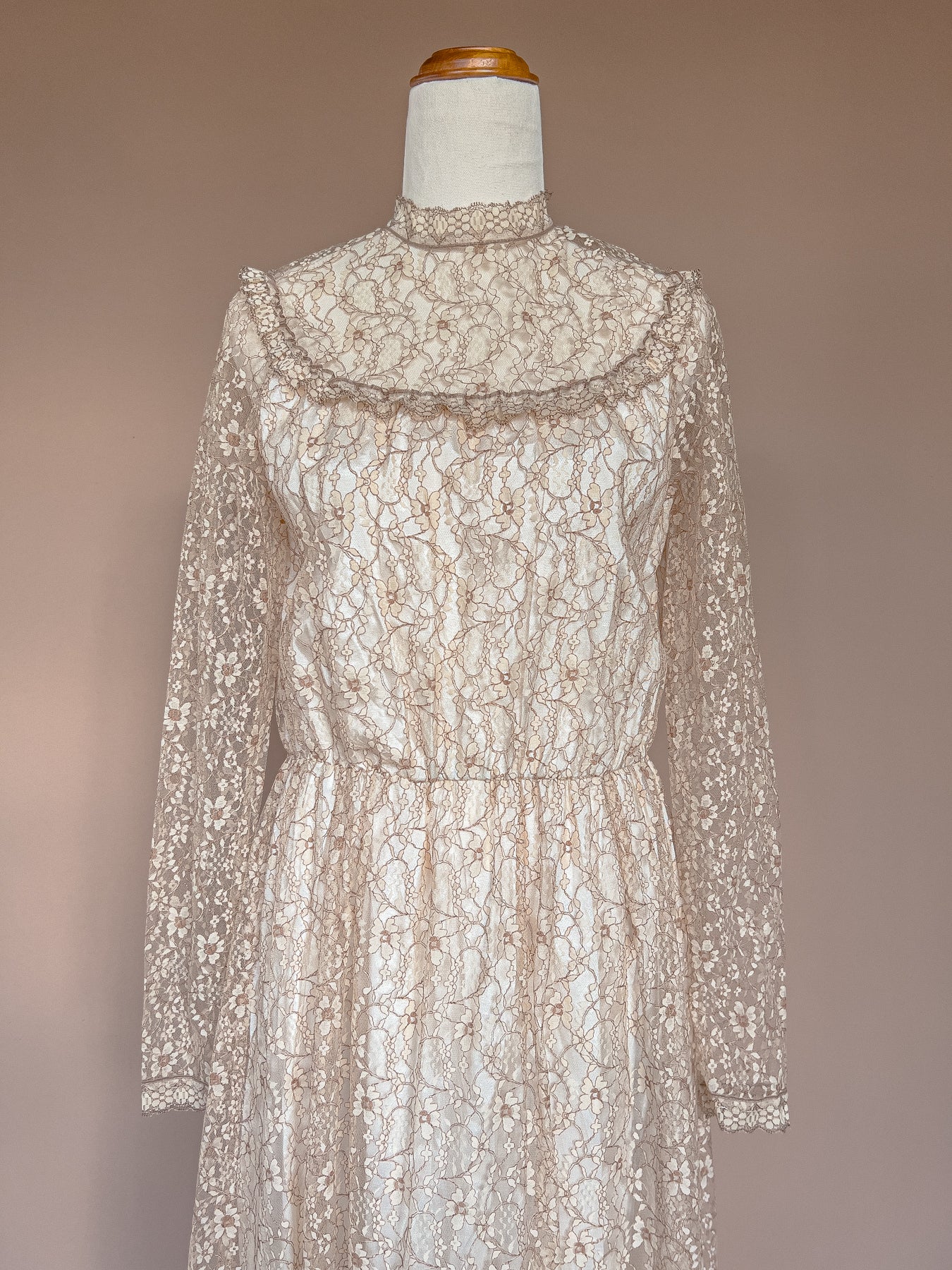 VINTAGE 1960's Lace High Neck Maxi Gown Dress S/M