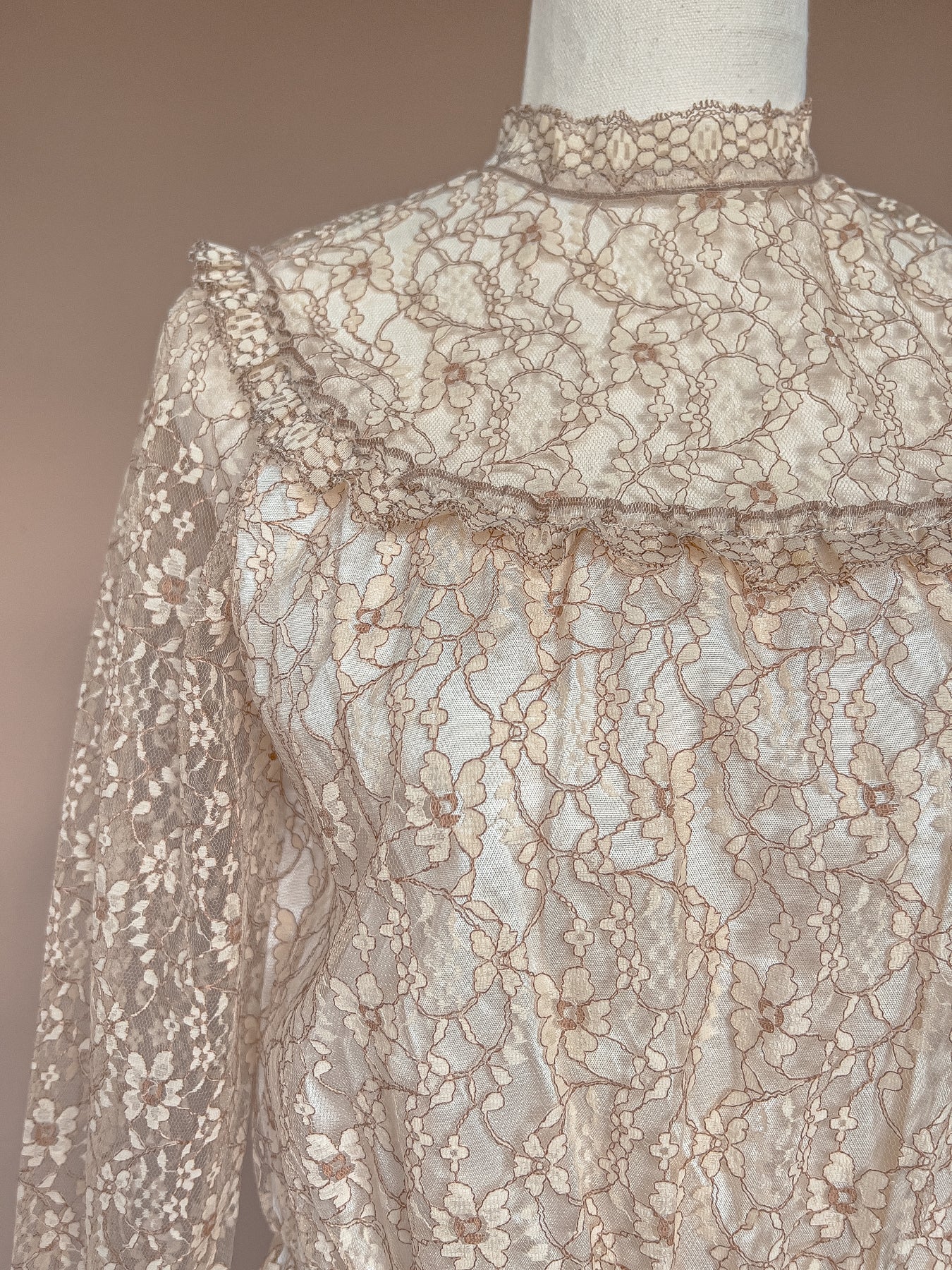 VINTAGE 1960's Lace High Neck Maxi Gown Dress S/M