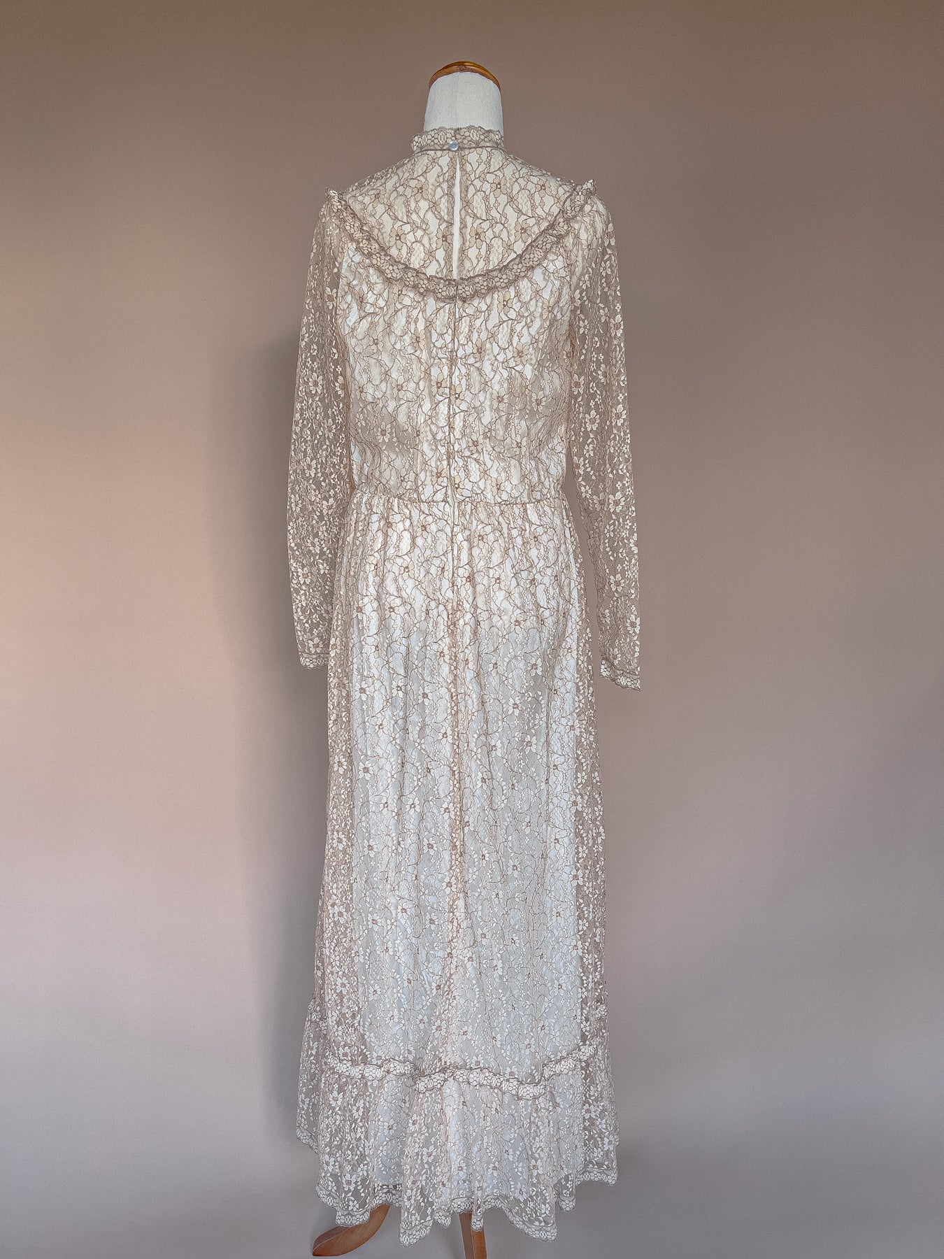 VINTAGE 1960's Lace High Neck Maxi Gown Dress S/M