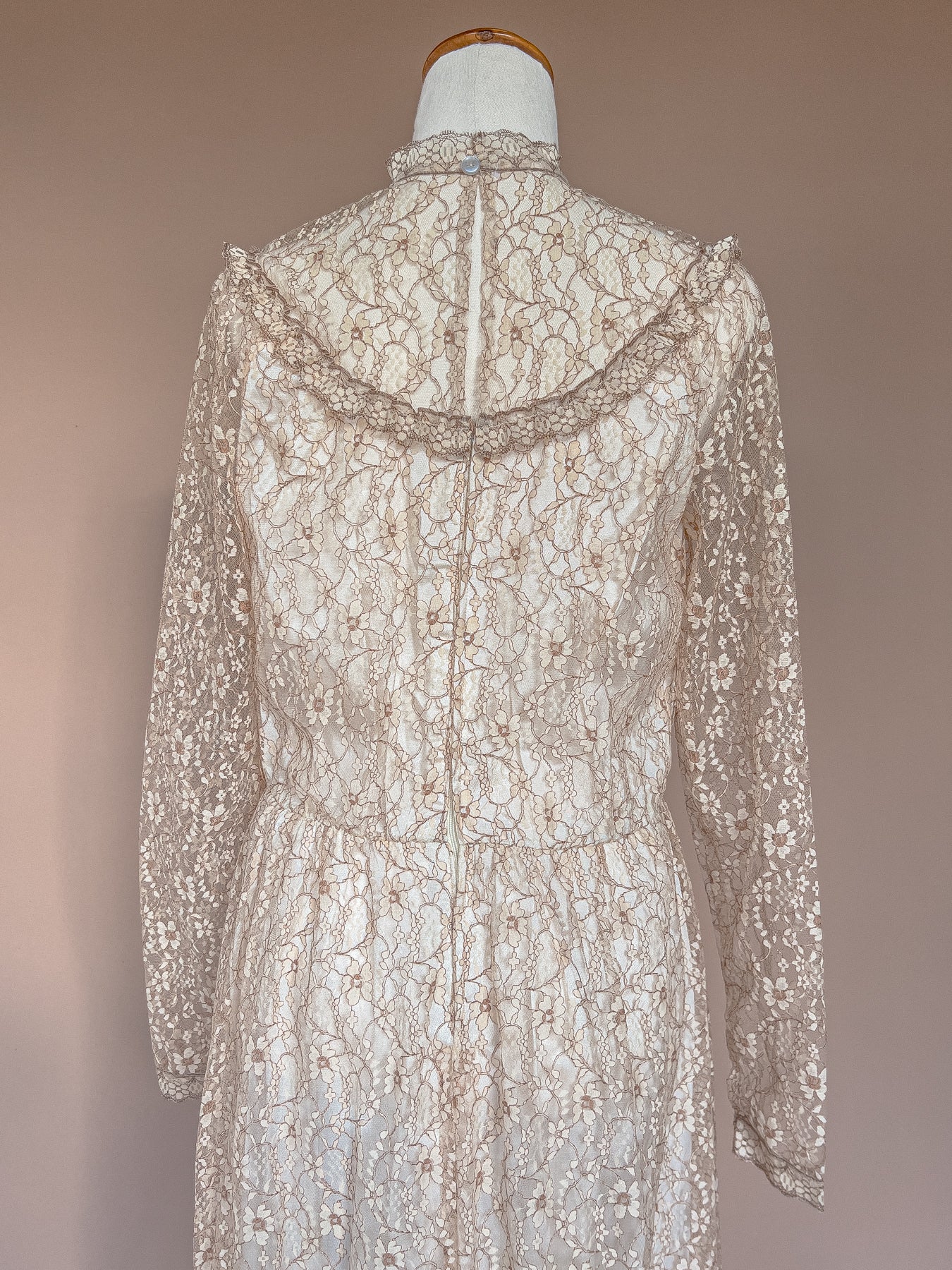 VINTAGE 1960's Lace High Neck Maxi Gown Dress S/M