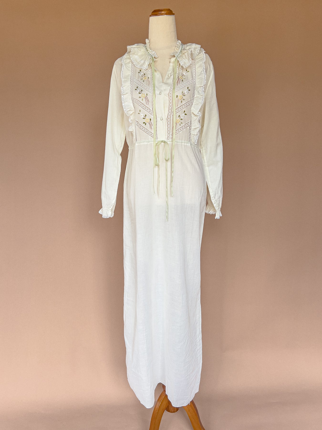 VINTAGE 1960's Pale Yellow Cotton Flower Embroidered Maxi Dress S/M