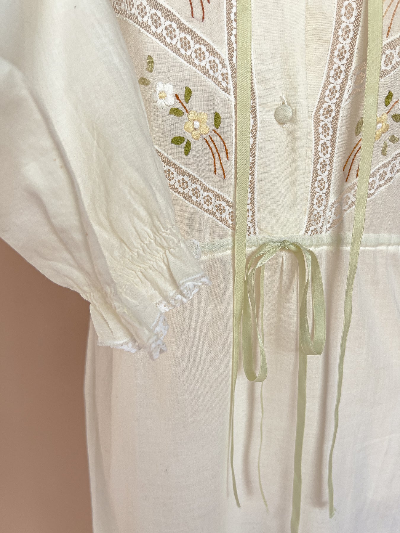 VINTAGE 1960's Pale Yellow Cotton Flower Embroidered Maxi Dress S/M