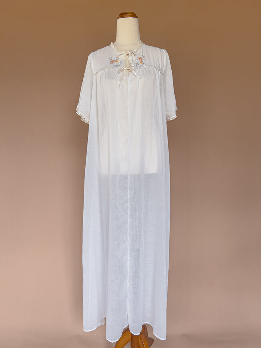 VINTAGE Antique Flower Embroidered Cotton Voile Maxi Nightgown S/M/L