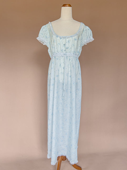 VINTAGE Baby Blue Floral Maxi Nightgown Dress S/M