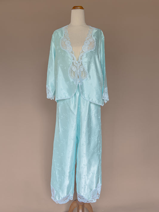 VINTAGE Baby Blue Satin Brocade Lace Trimmed Pyjama Set M/L