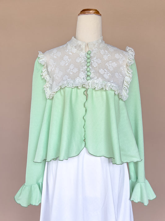 VINTAGE 1960's Green Lace Yoke High Neck Blouse S/M