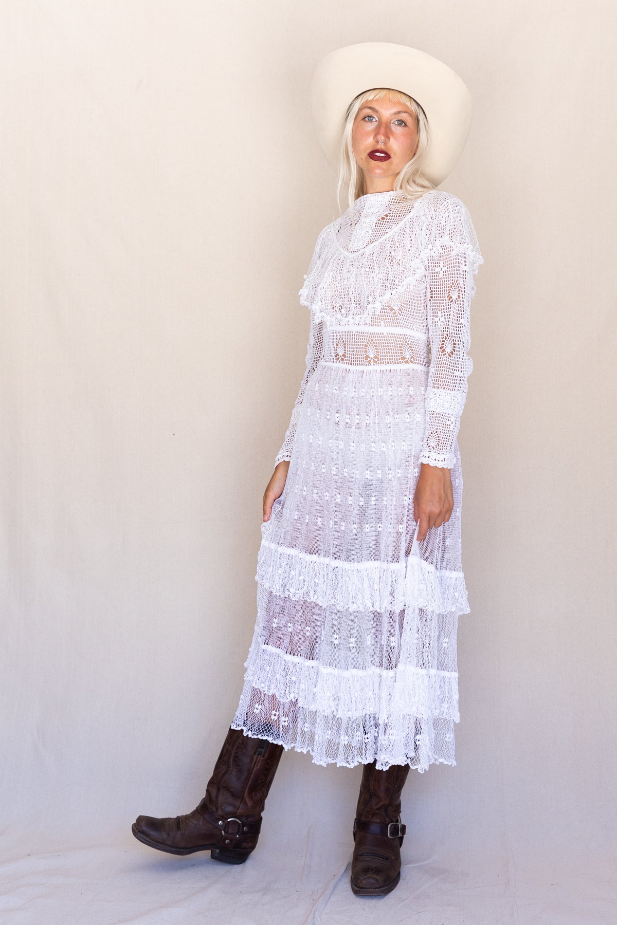 VINTAGE Edwardian Crochet Netted White Midi Dress S/M