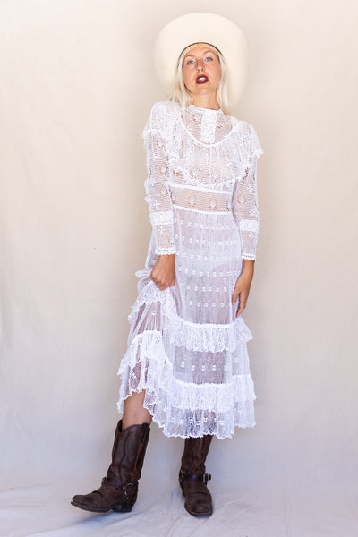 VINTAGE Edwardian Crochet Netted White Midi Dress S/M