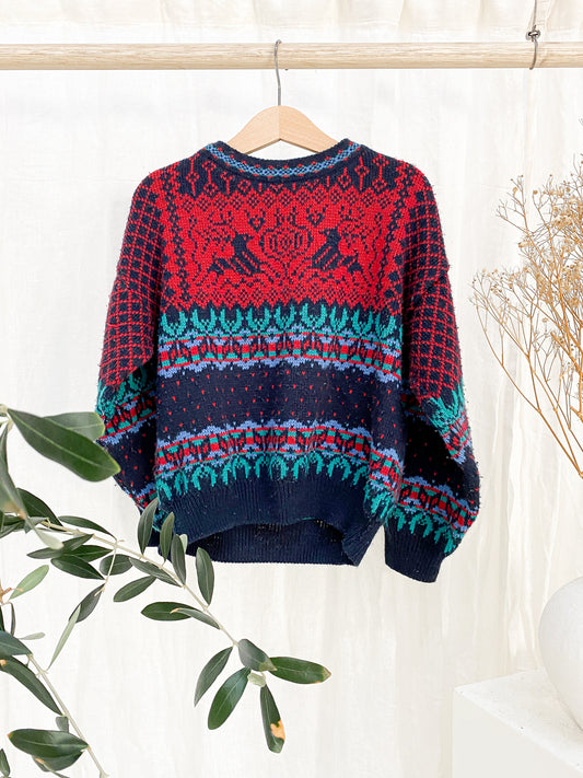VINTAGE Kids Red And Navy Raindeer Christmas Jumper 4-7