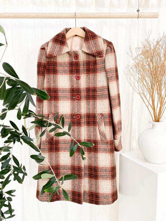 VINTAGE 1960's Kids Plaid Check Wool Coat 10-14